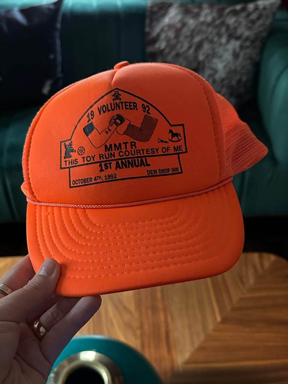 Vintage 1992 Neon Orange Trucker Hat with Black Logo Toy Run